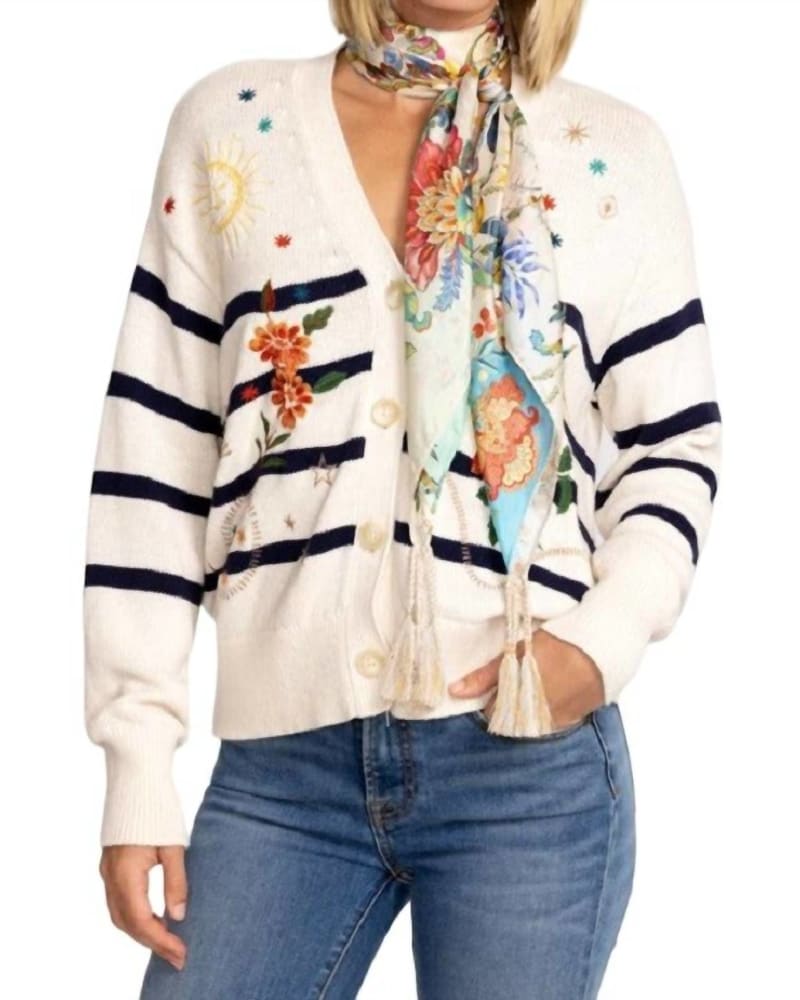 Front of a model wearing a size one-size-fits-all Blu Scarf In Multi in Multi by Johnny Was. | dia_product_style_image_id:350895